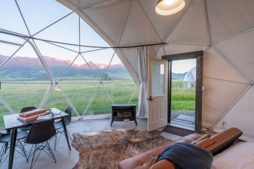 View from inside one of our dome vacation rentals, looking out into Paradise Valley, MT.