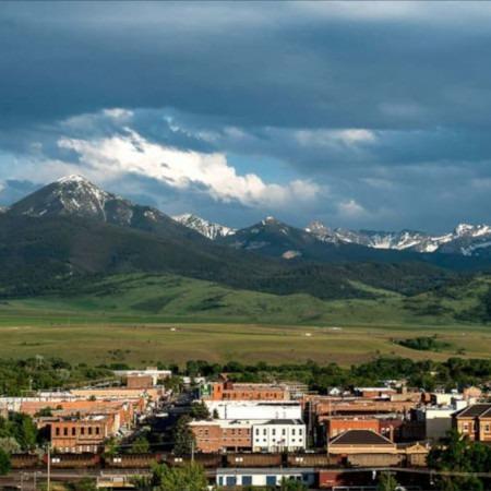 Downtown Livingston, with a clear view of the Mountains 